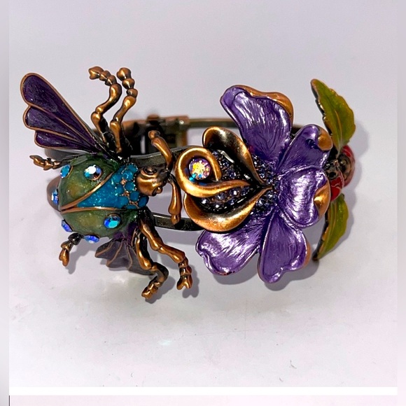 Whimsical Enamel Bee Lady Bug Copper Garden Flower Bracelet Ab rhinestones - Picture 1 of 5